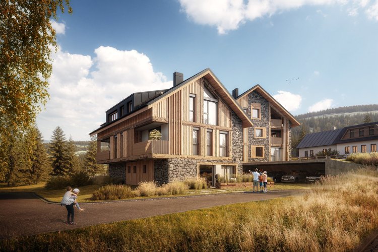 Prodej bytu 2+kk/T, 63,7 m² v horském projektu LAKA LIVING v obci Prášily, Národní park Šumava