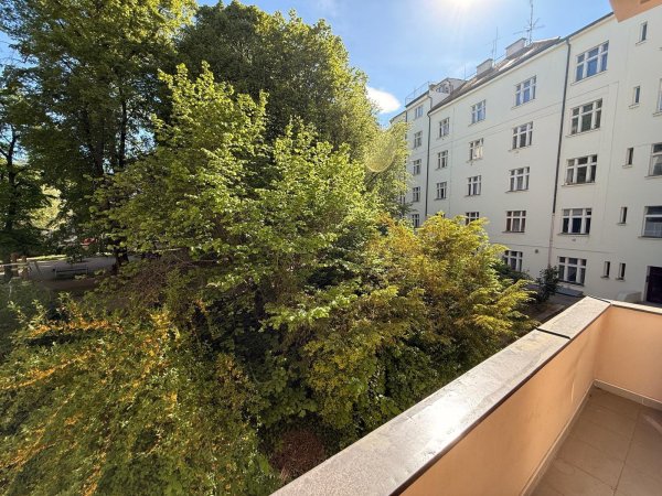 lodžie s pohledem do parku s dětským hřištěm